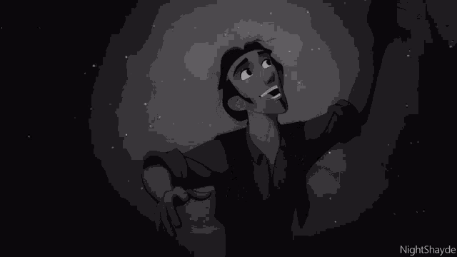 a black and white cartoon of a man holding a flower with nightshayde written on the bottom right