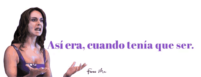 a woman in a purple tank top stands in front of a sign that says asi era cuando tenia que ser