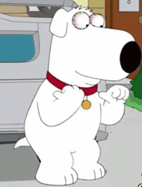 a cartoon dog wearing a red collar with a yellow tag on it