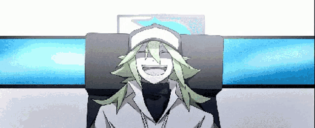 a pixel art of a man with green hair and a white hat