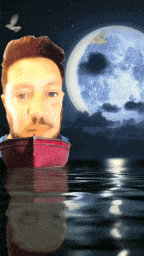 a man in a boat with his head in the water in front of a full moon