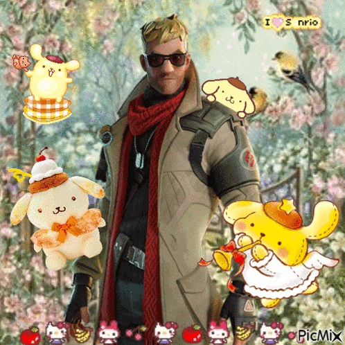 a man in a trench coat is surrounded by stuffed animals including pompompurin and hello kitty