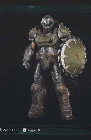 a video game character with a green shield and a toggle button