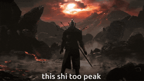 a man standing in front of a volcano with the words " this shi too peak " above him