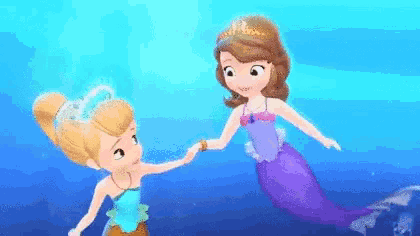 a cartoon girl and a mermaid are holding hands in the water .