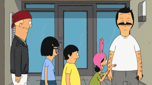 bob 's burgers characters are standing in front of a door