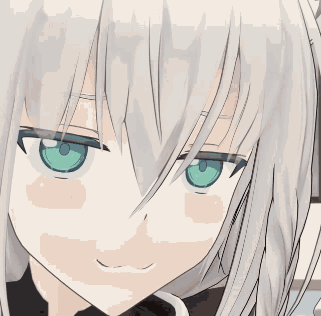 a close up of a anime character with gray hair and green eyes