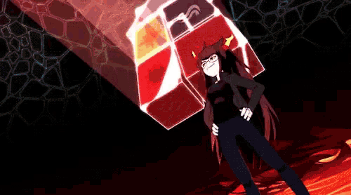 a girl with horns is standing in front of a cube that says ' sss ' on it