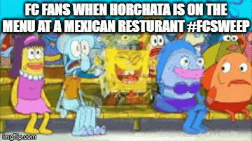 a group of cartoon characters sitting on a bench with a caption that says fc fans
