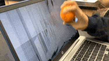 a person is squeezing an orange on a hp laptop