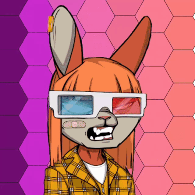 a cartoon rabbit wearing 3d glasses and a yellow plaid shirt