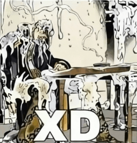 a drawing of a person sitting at a table with the letters x and d behind them