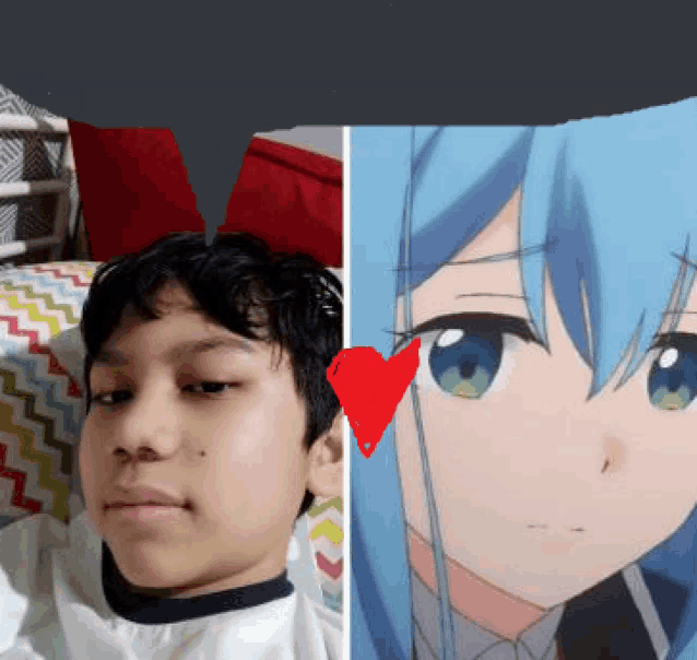 a boy is laying on a bed next to a picture of a girl with blue hair and green eyes .