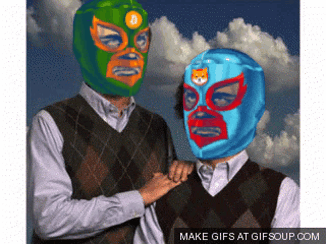 a man wearing a mask with a dog on it holds another man 's hand