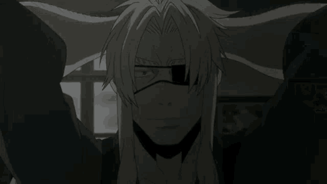 a black and white drawing of a man with long hair and an eye patch on his face .