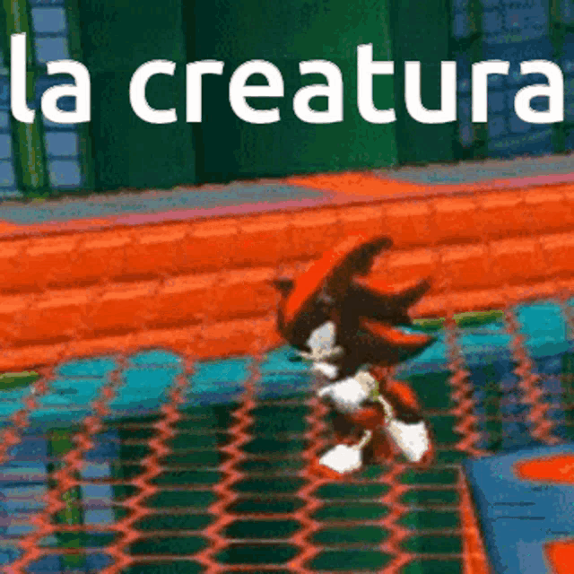 shadow the hedgehog is jumping over a fence in a video game with the words `` la creature '' above him .