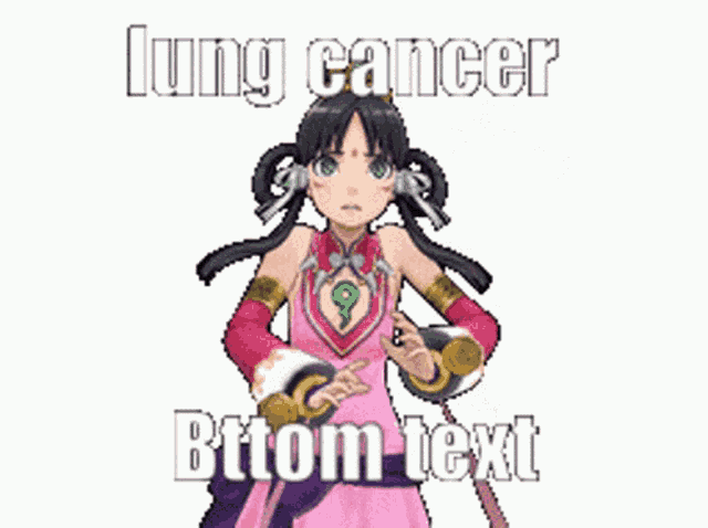 a pixel art of a girl in a pink dress with lung cancer bttom text written on it .