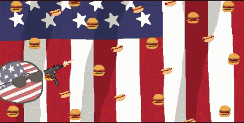 a cartoon of an american flag with hamburgers and hot dogs coming out of it