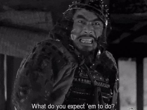 a black and white photo of a man asking what do you expect em to do .