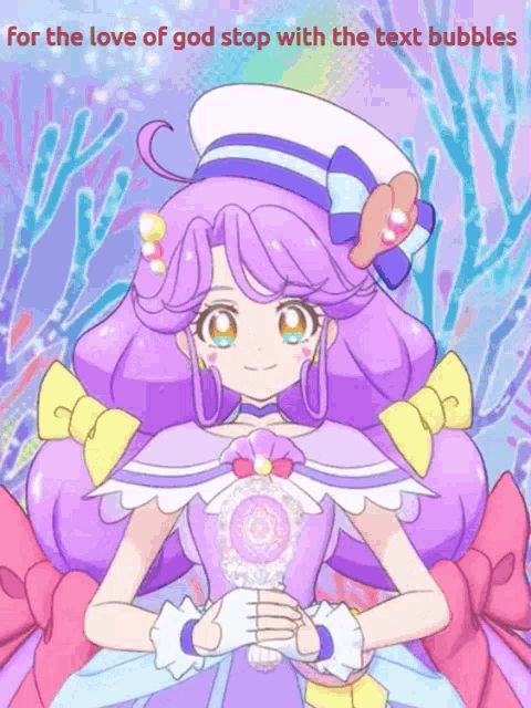 a picture of a girl with the words for the love of god stop with the text bubbles below it