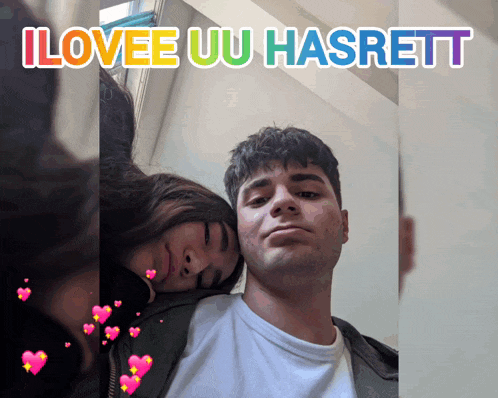 a picture of a man and a woman with the words ilovee uu hasrett