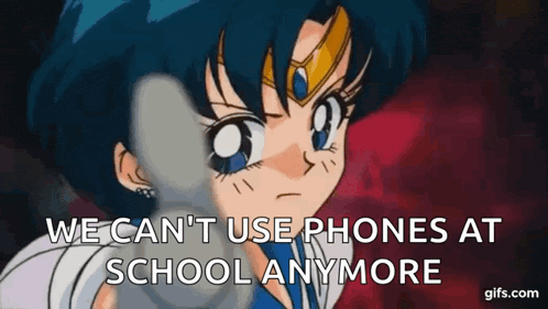 a cartoon of a girl saying `` we can 't use phones at school anymore ''