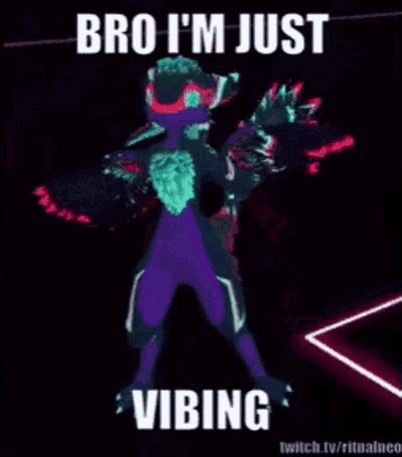a picture of a purple dragon with the words bro i 'm just vibing on it .