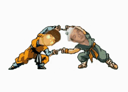 a cartoon drawing of two boys wrestling with a blue circle in the background
