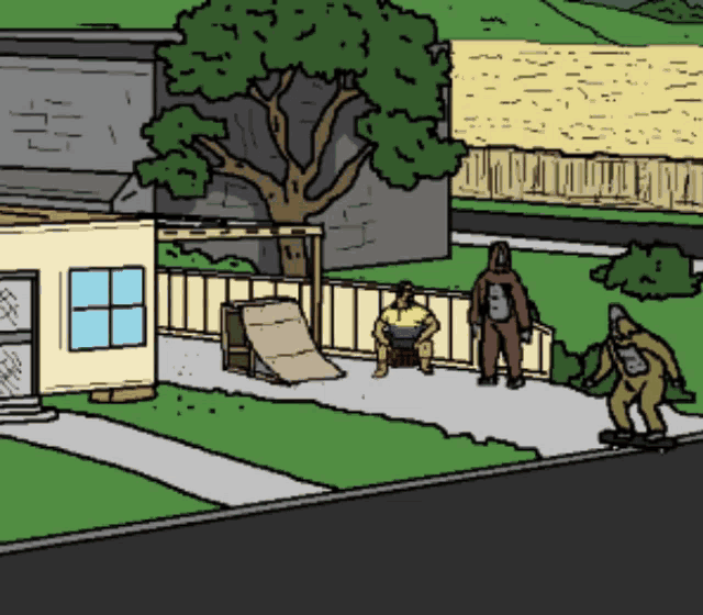 a cartoon drawing of a man sitting on a bench next to a skateboarder
