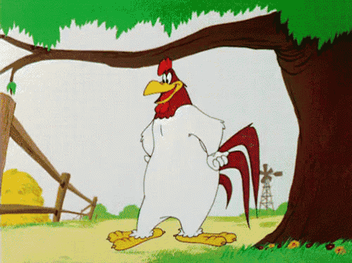 a cartoon rooster is standing next to a tree in a field