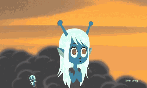 a cartoon character with white hair and red eyes is standing in a cloudy area .