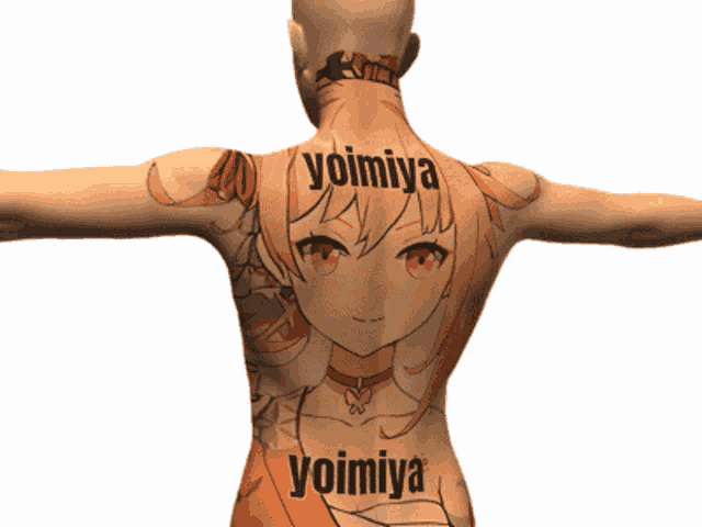 a person has a tattoo of a girl with the name yoimiya on their back
