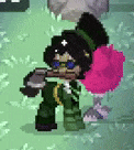 a pixel art character is holding a pink flower in a game .