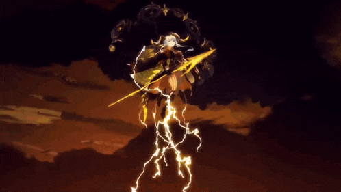 a person with a spear is surrounded by lightning strikes