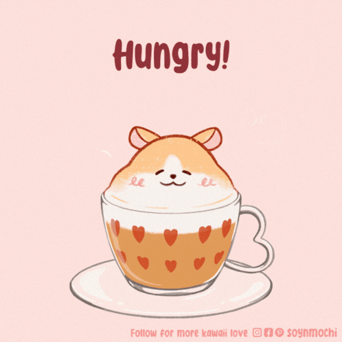 a drawing of a cup of coffee with a hamster in it and the words hungry below it