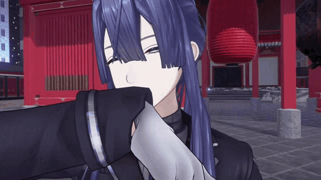 a girl with long purple hair covering her face with her hand