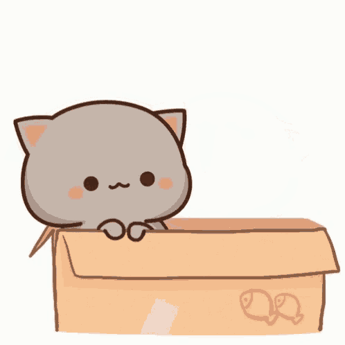 two cartoon cats are sitting in a cardboard box and one of them is looking up