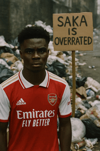 a man wearing a red adidas emirates fly better shirt stands in front of a sign that says saka is overrated