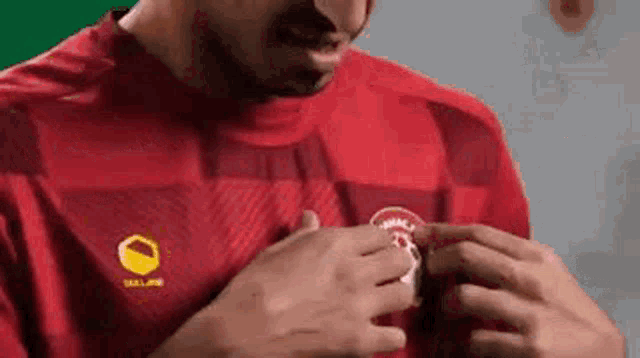 a man wearing a red shirt with a yellow logo on it is holding a soccer ball .