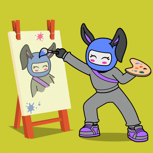 a cartoon of a person holding a palette and painting a picture of a rabbit