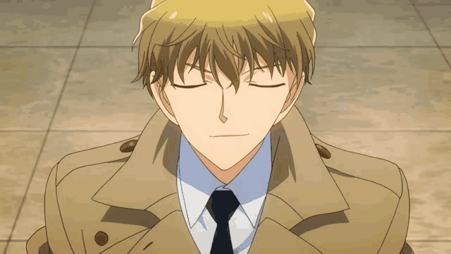 a close up of a man 's face with a trench coat and tie
