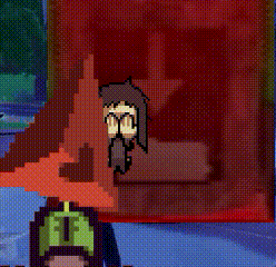 a pixel art of a person standing in front of a red box .