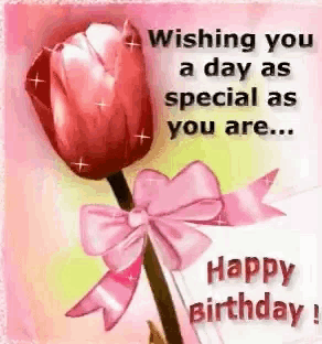 a birthday card with a red rose and a pink bow on it .