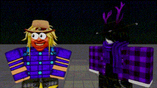 two roblox characters are standing next to each other .