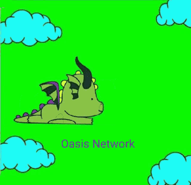 a cartoon of a dragon laying down on a green background with clouds .