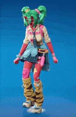 a girl with green hair is wearing a tiger print skirt and knee pads