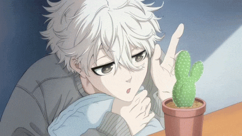a white haired anime character is pointing at a cactus in a pot