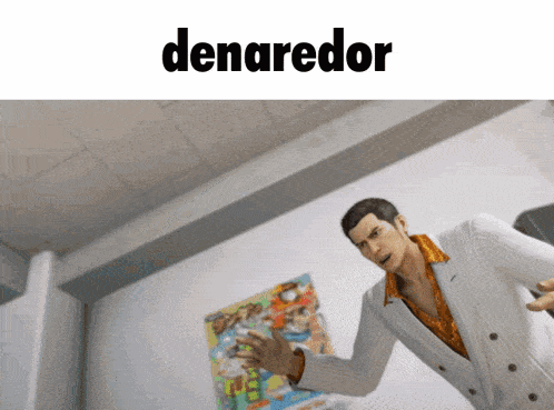a man in a suit is standing in front of a wall with the word denaredor on it