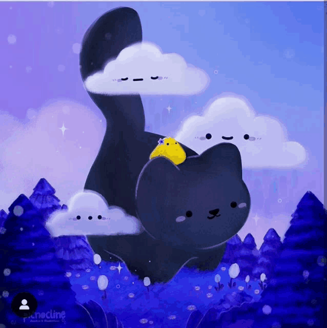 a drawing of a black cat with clouds and a yellow bird on it