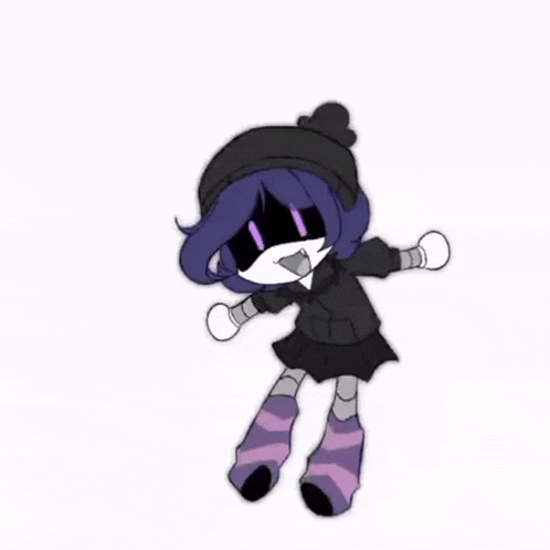a cartoon character with purple hair and purple socks is standing on a white background .